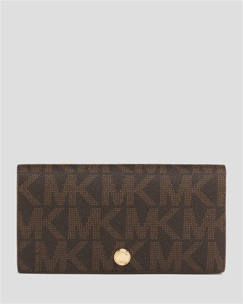 Michael Kors Logo Slim Bifold Wallet Brown Gold Snap Closure 